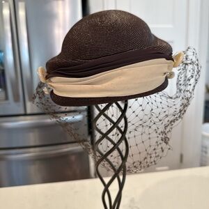 Elegant Brown and Cream Hat with Netting
